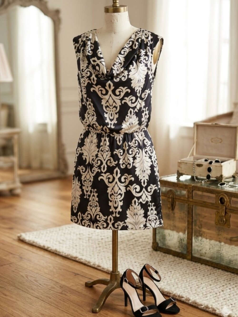 White House Black Market Silk Dress Cowl Neck Black White Damask Fleur-de-lis S